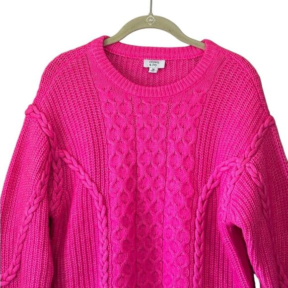 Crown & Ivy Women's Electric Pink Cable Knit Sweater Size Medium - Picture 4 of 6